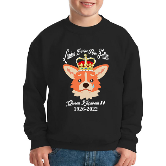 London Bridge Has Fallen Queen Elizabeth II Queen's Sad Corgi Dog Royal Highness Kids Jumper