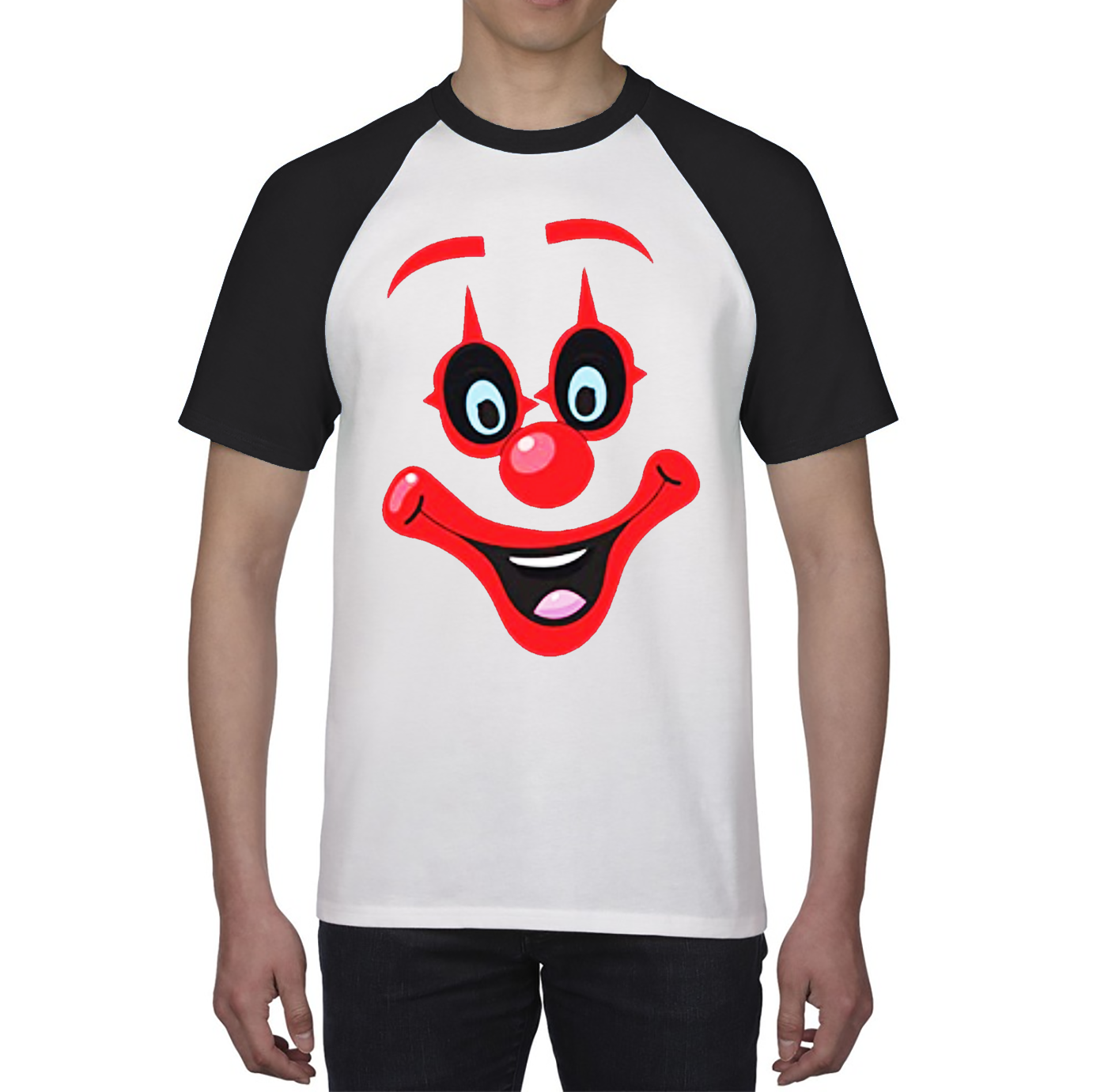 Funny Clown Face Red Nose Day Baseball T Shirt. 50% Goes To Charity