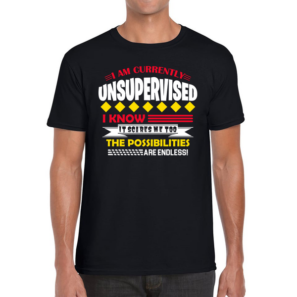 I Am Currently Unsupervised I Know It Scares Me Too But The Possibilities Are Endless Adult T Shirt