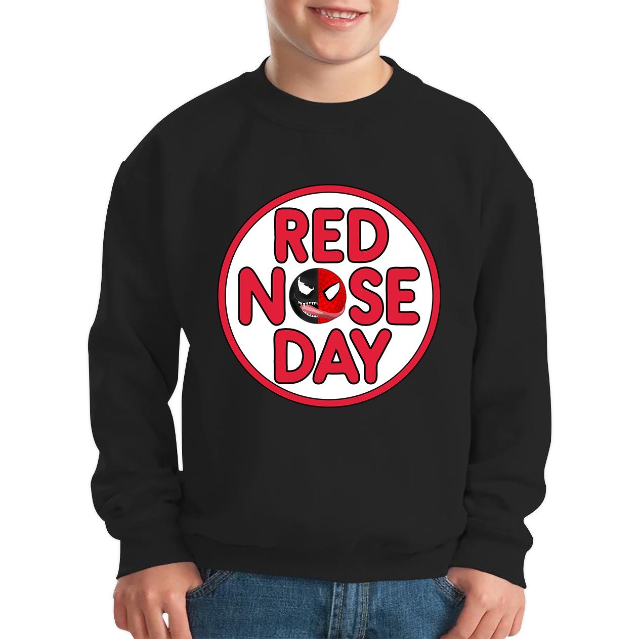 Marvel Venom Spiderman Red Nose Day Kids Sweatshirt. 50% Goes To Charity