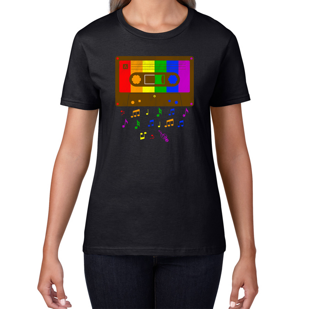 80s Cassette Tape For LGBT T-Shirt Rainbow Colours Lesbians Gay Pride Womens Tee Top