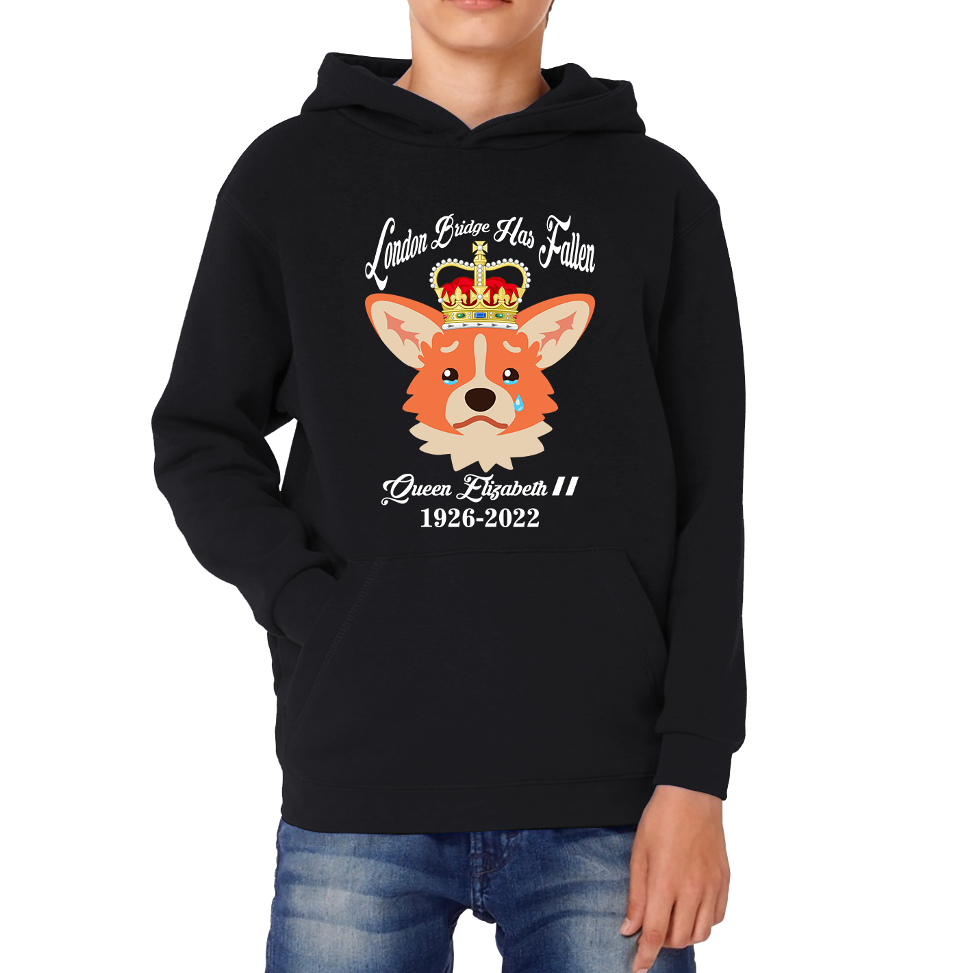 London Bridge Has Fallen Queen Elizabeth II Queen's Sad Corgi Dog Royal Highness Kids Hoodie