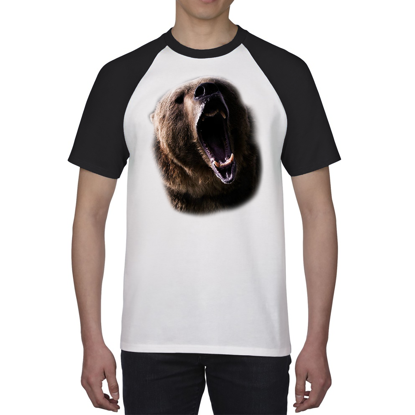 Grizzly Bear Roaring Face Shirt Big Print North American Brown Bear Full On Front Angry Bear Baseball T Shirt