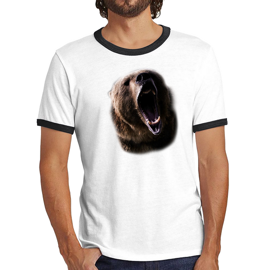 Grizzly Bear Roaring Face Shirt Big Print North American Brown Bear Full On Front Angry Bear Ringer T Shirt