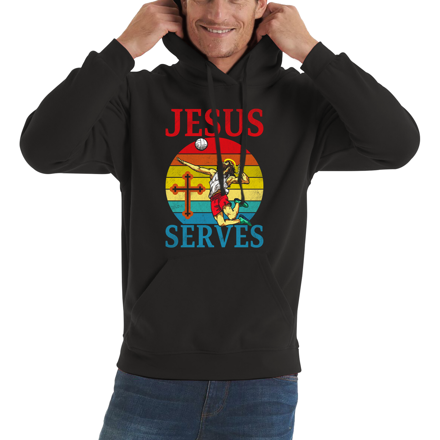 Jesus Serves Volleyball Vintage Jesus Christ Volleyball Sports Christian Religious Unisex Hoodie