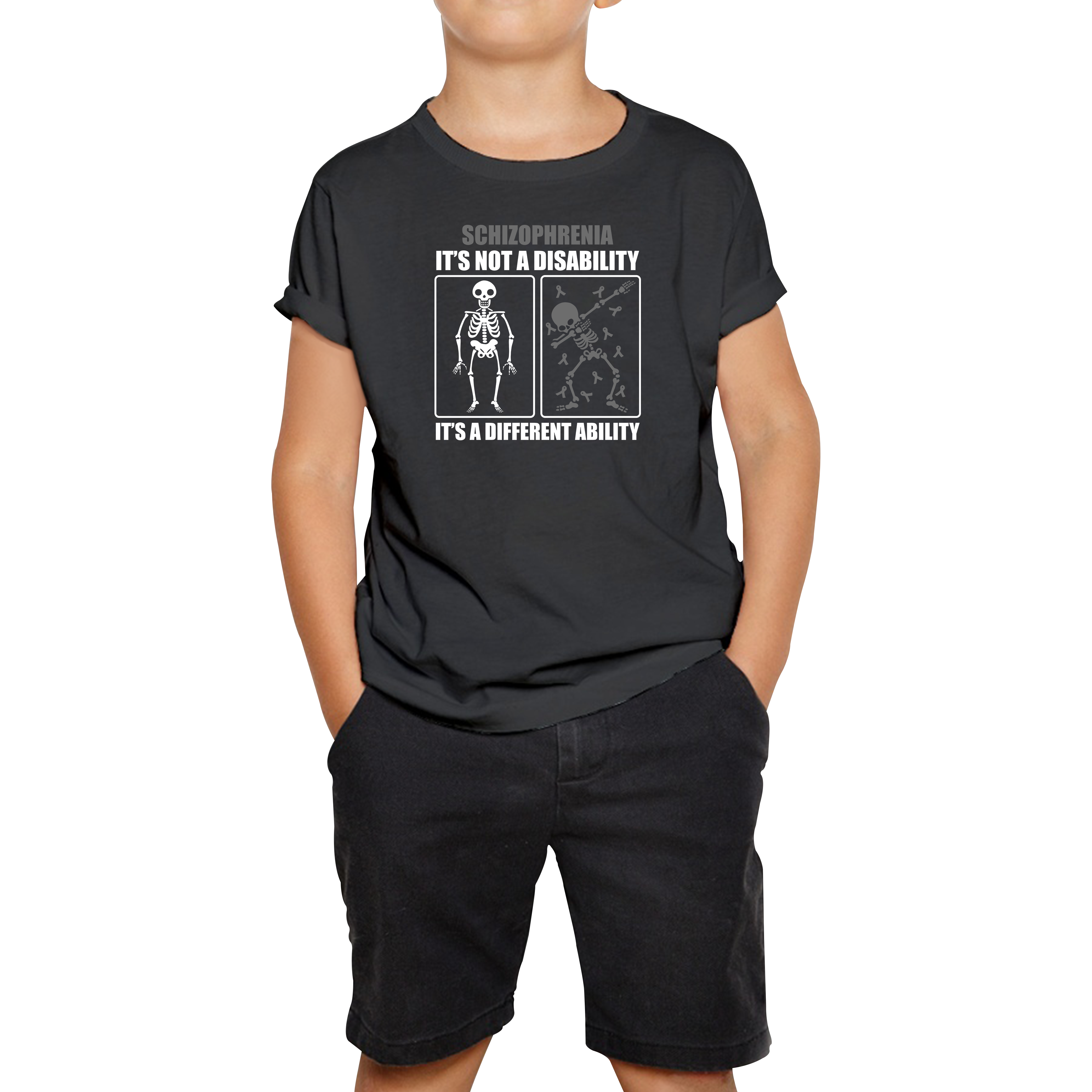 Schizophrenia It's Not A Disability It's A Different Ability Skull Dab Dancing Funny Joke Kids T Shirt