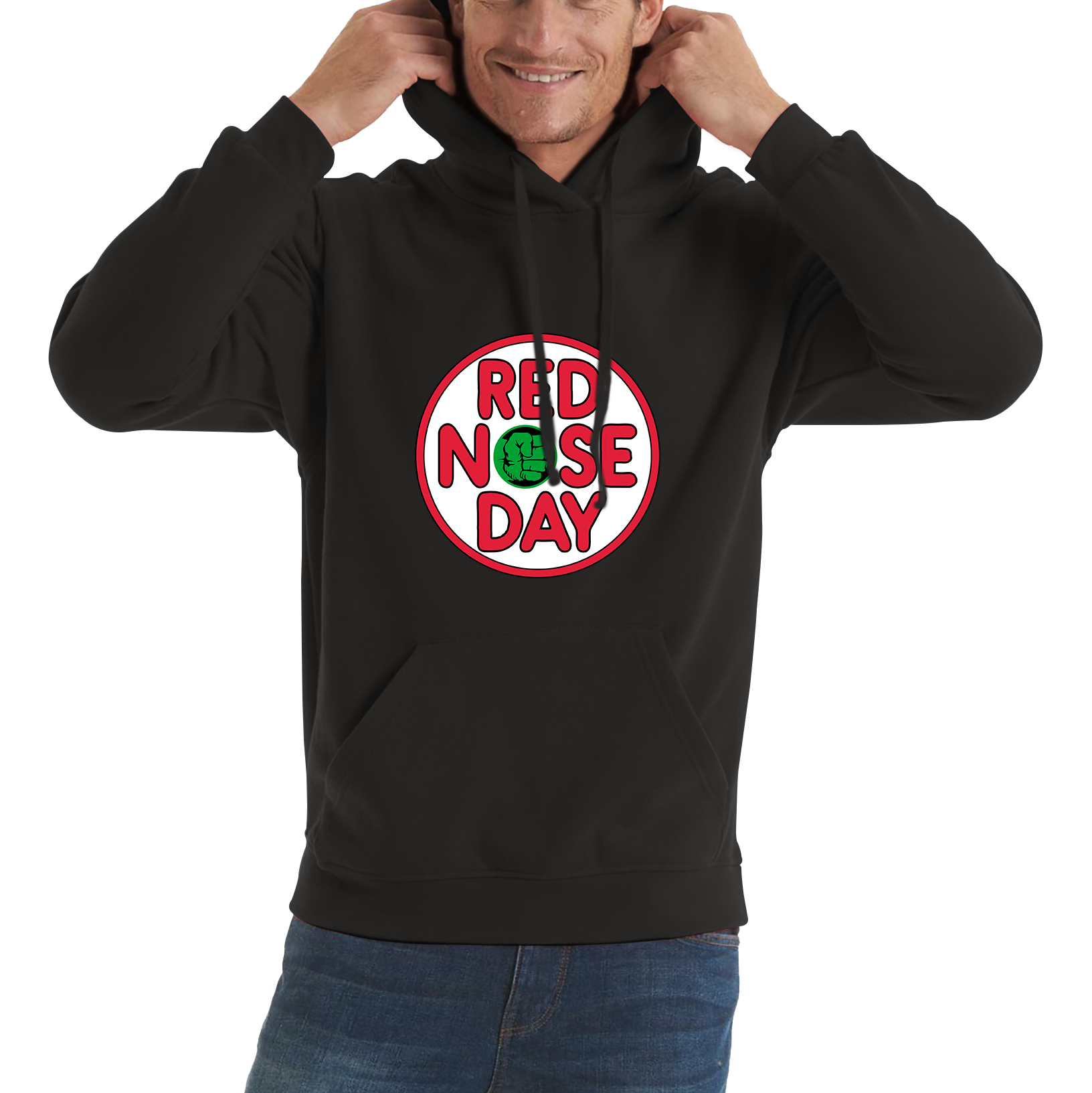 Marvel Avengers Hulk Hand Red Nose Day Adult Hoodie. 50% Goes To Charity