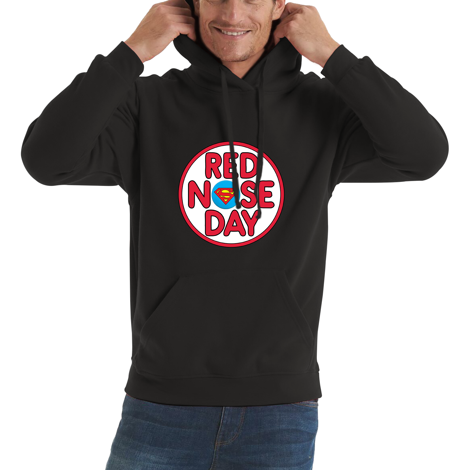 Superman Red Nose Day Adult Hoodie. 50% Goes To Charity