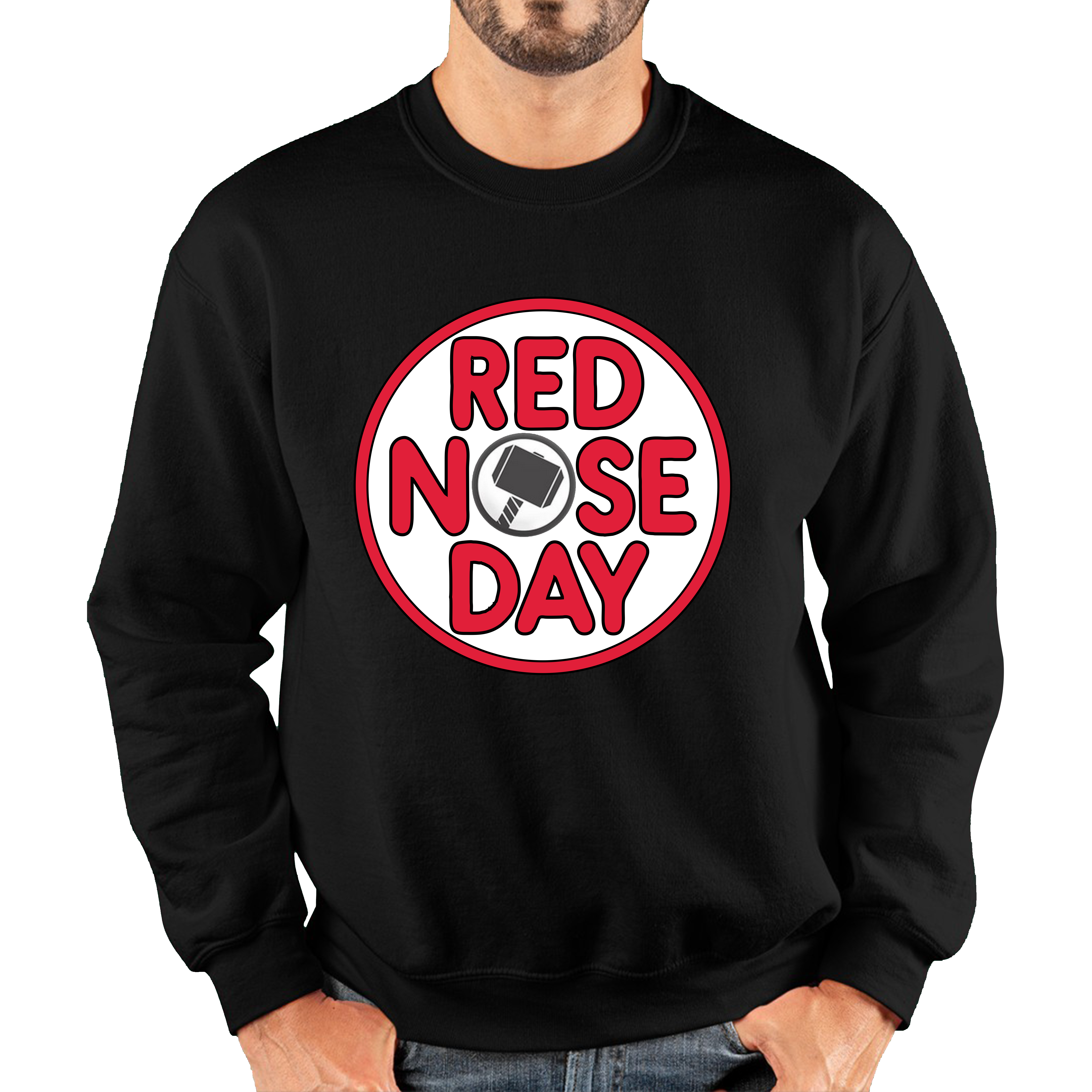 Marvel Avenger Thor Hammer Red Nose Day Adult Sweatshirt. 50% Goes To Charity