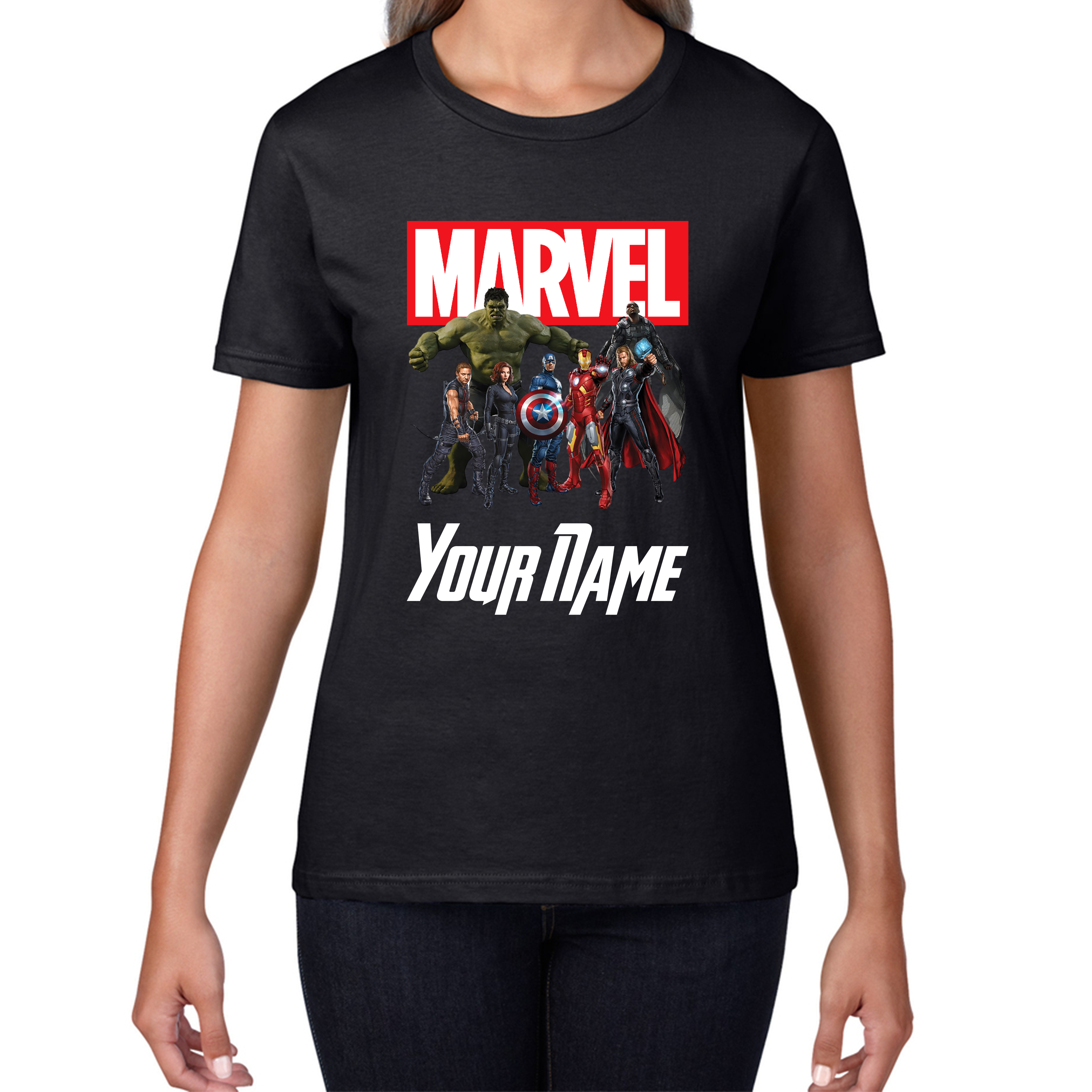 Personalised Marvel Avengers Superheroes Team Your Custom Name Ladies T Shirt