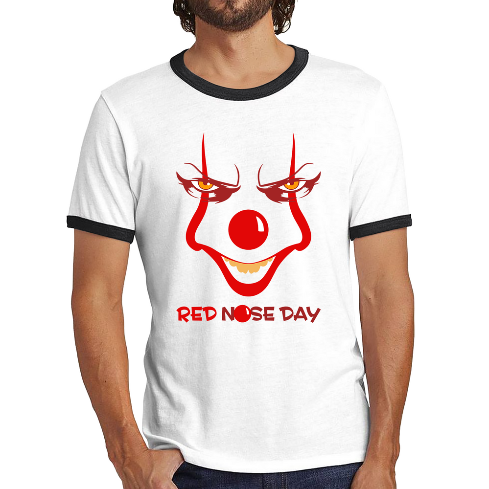 Pennywise Clown Face Red Nose Day Funny Comic Relief Ringer T Shirt. 50% Goes To Charity