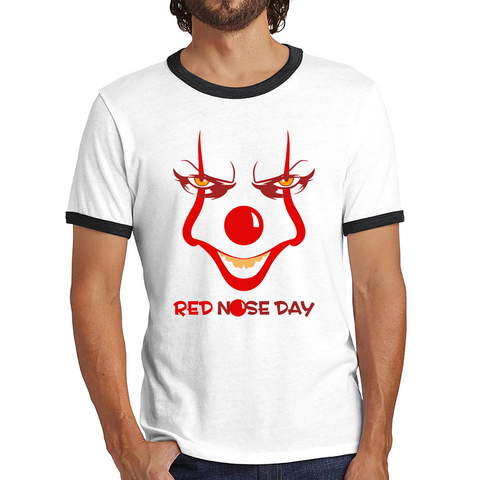 Pennywise Clown Face Red Nose Day Funny Comic Relief Ringer T Shirt. 50% Goes To Charity