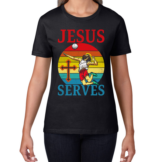 Jesus Serves Volleyball Vintage Jesus Christ Volleyball Sports Christian Religious Womens Tee Top