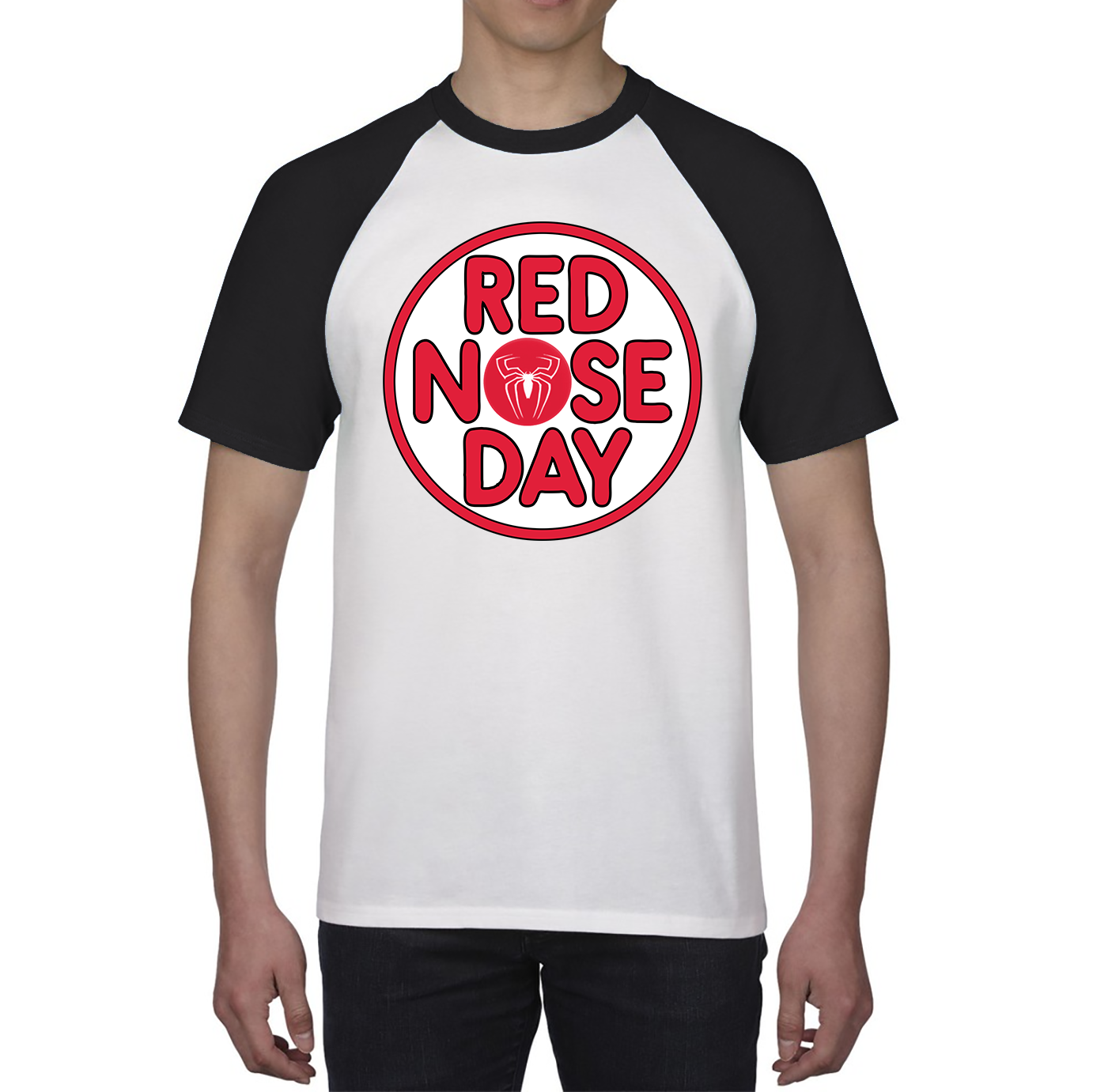 Spider Man Red Nose Day Baseball T Shirt. 50% Goes To Charity