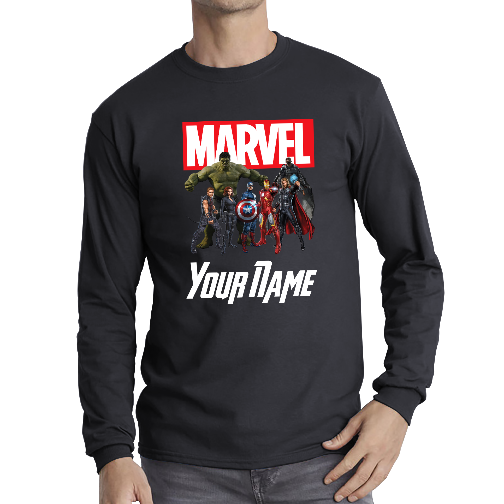 Personalised Marvel Avengers Superheroes Team Your Custom Name Adult Long Sleeve T Shirt