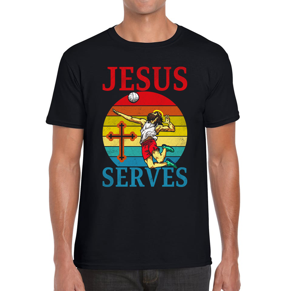 Jesus Serves Volleyball Vintage Jesus Christ Volleyball Sports Christian Religious Mens Tee Top