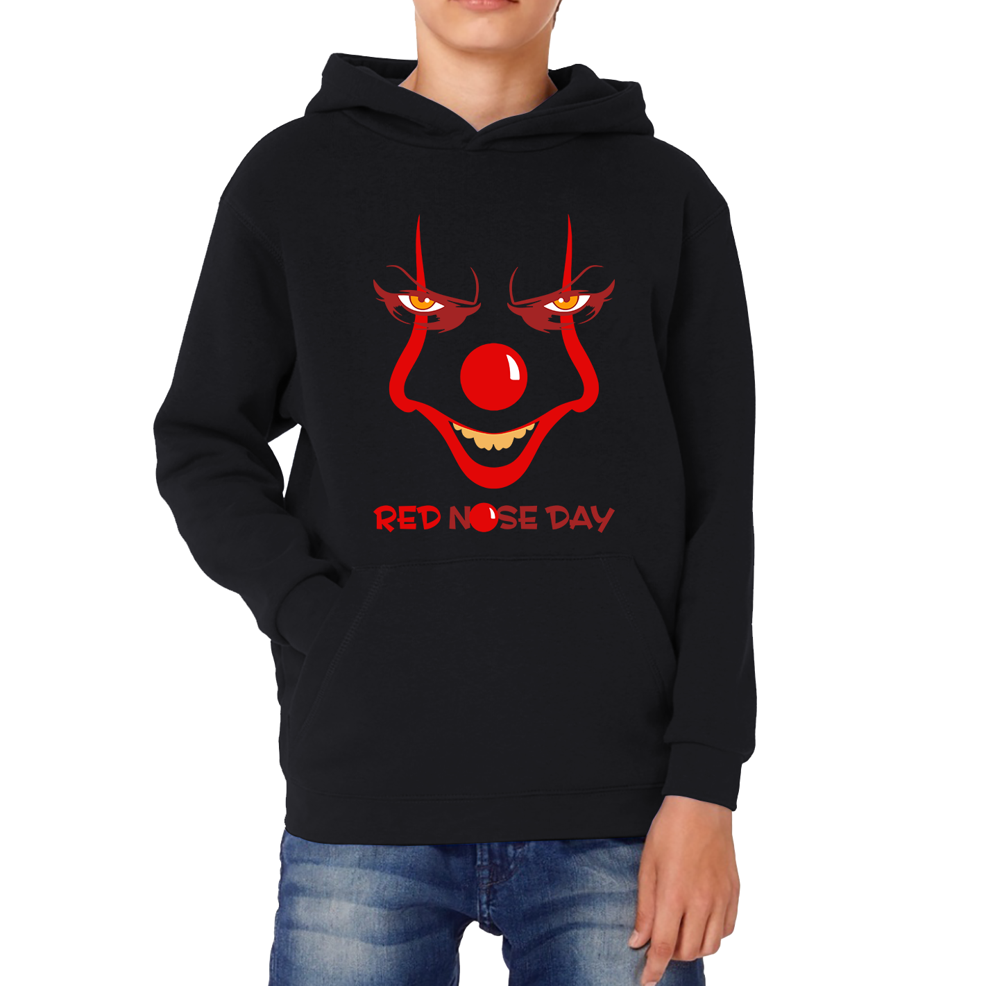 Pennywise Clown Face Red Nose Day Funny Comic Relief Kids Hoodie. 50% Goes To Charity