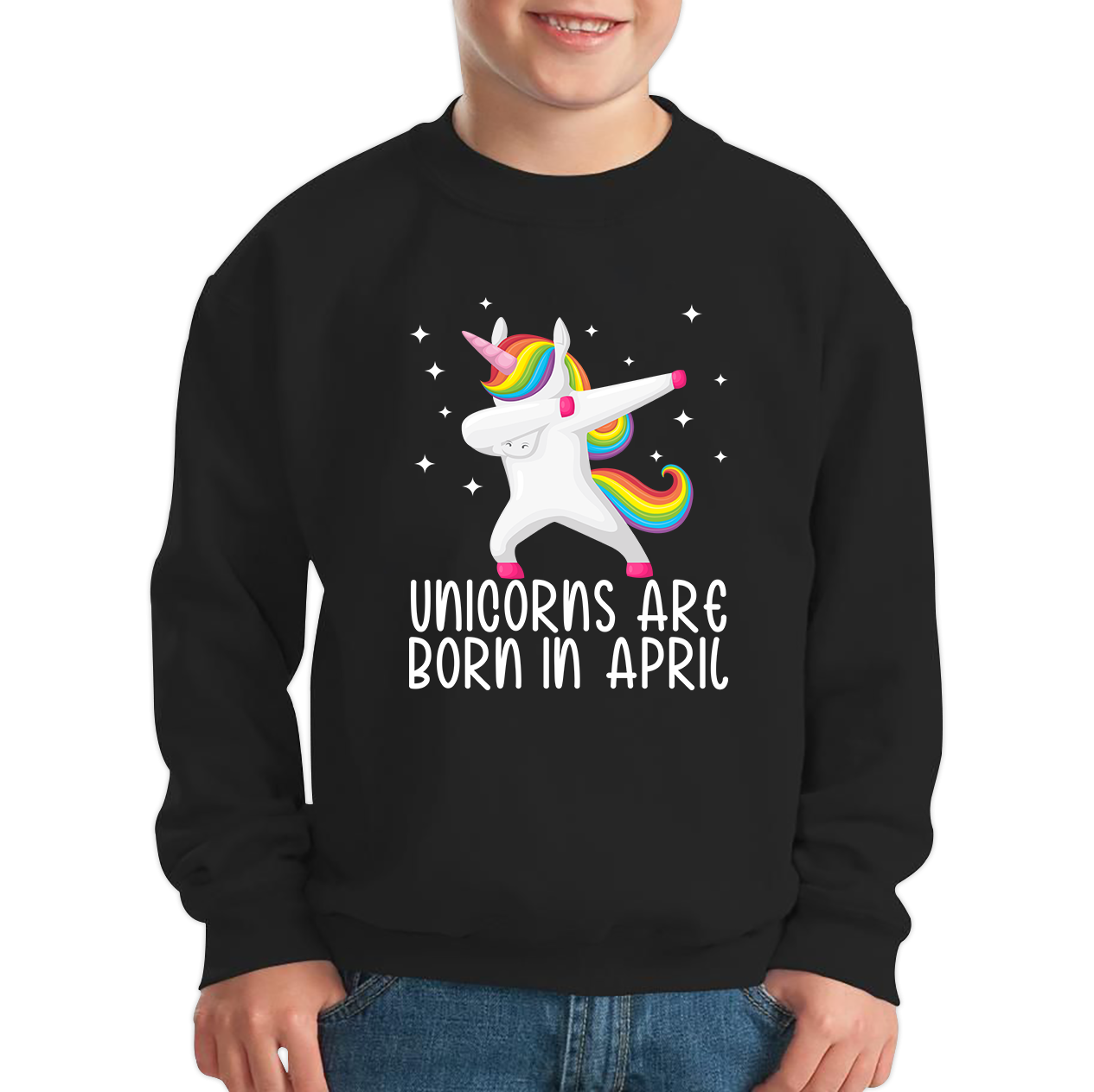 Unicorns Are Born In April Dabbing Unicorn Funny Birthday Month Novelty Slogan Kids Jumper