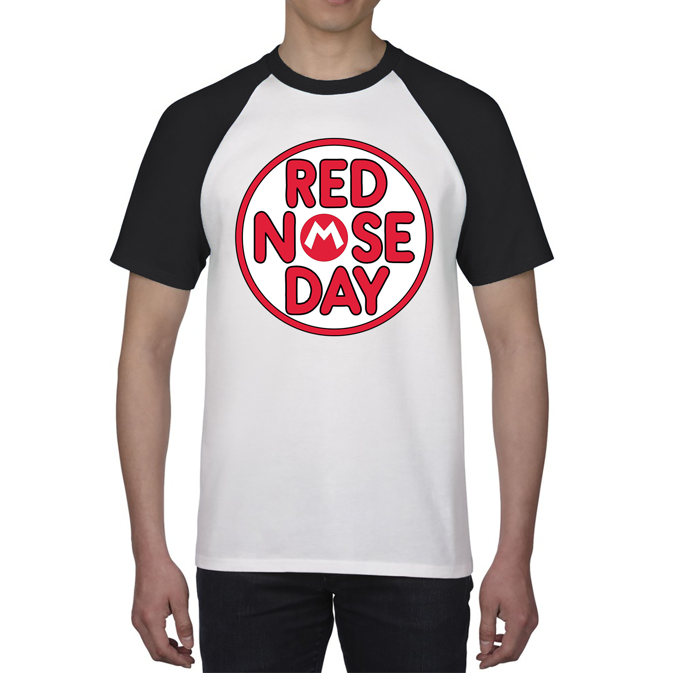 Super Mario Red Nose Day Baseball T Shirt. 50% Goes To Charity
