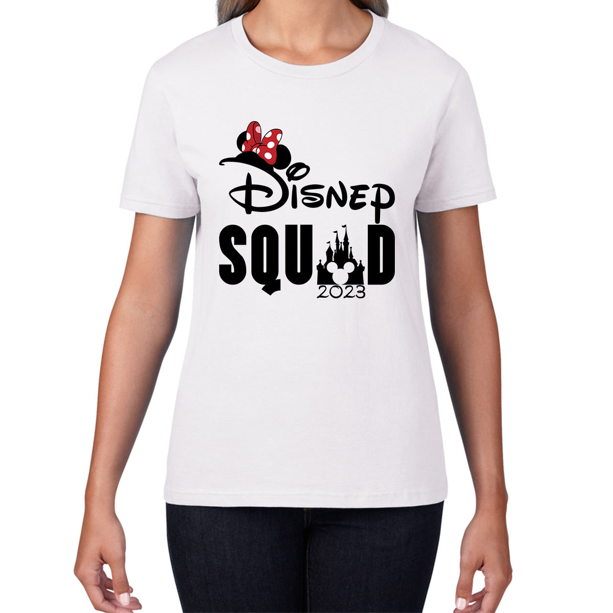 Disney Squad 2023 Minnie Mouse Disney Castle Magical Kingdom Cartoon Festive Disneyland Vacation Trip Womens Tee Top