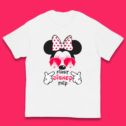 First Disney Trip Disney Mickey Mouse Minnie Mouse With Sunglasses Disney Castle Magical Kingdom Disneyland Trip Vacations Kids T Shirt