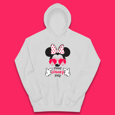 First Disney Trip Disney Mickey Mouse Minnie Mouse With Sunglasses Disney Castle Magical Kingdom Disneyland Trip Vacations Kids Hoodie
