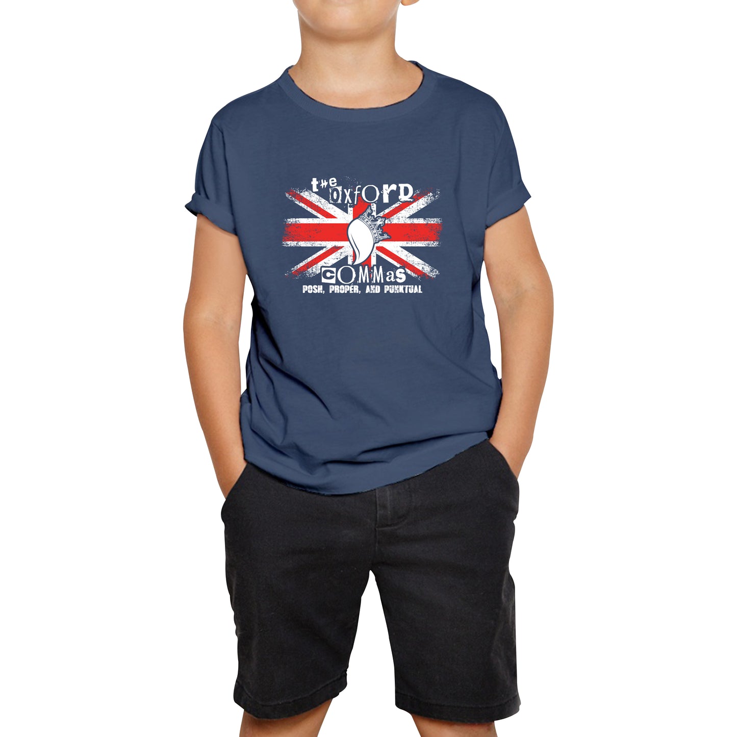 The Oxford Commas Push, Proper and Punktual Funny Grammar UK Flag Kids Tee