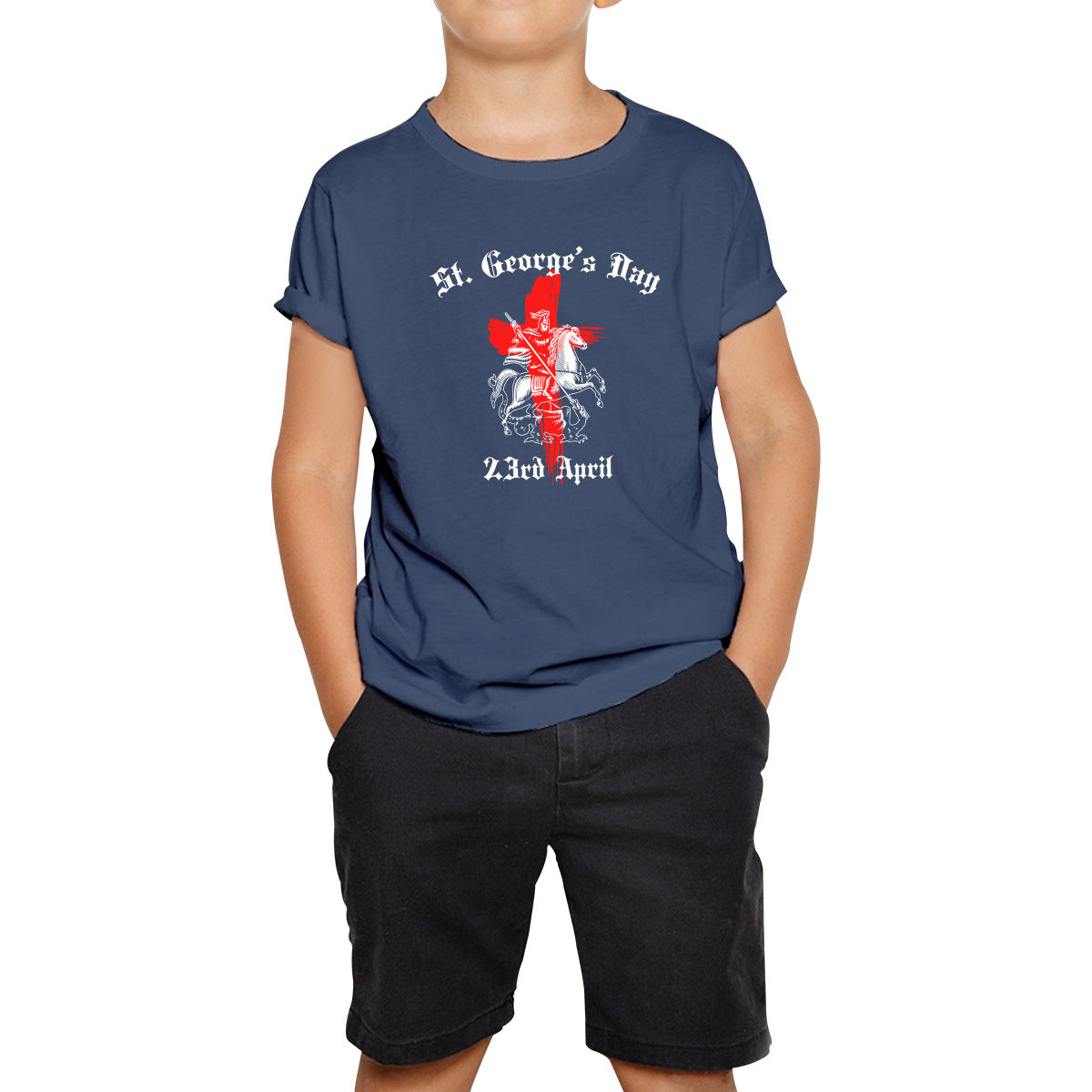 St George's Day 2023 England Flag Cross Knights Templar & Horse London Saint George Day Warrior Fighter Patriotic Kids T Shirt