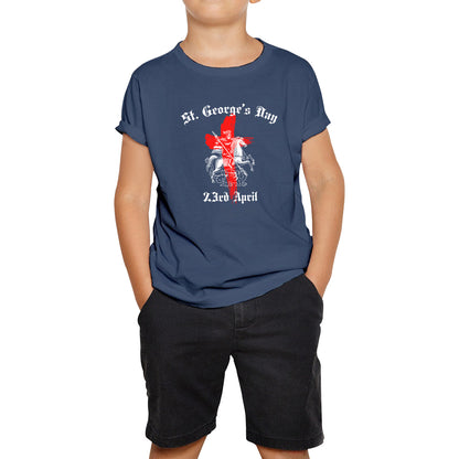 St George's Day 2023 England Flag Cross Knights Templar & Horse London Saint George Day Warrior Fighter Patriotic Kids T Shirt