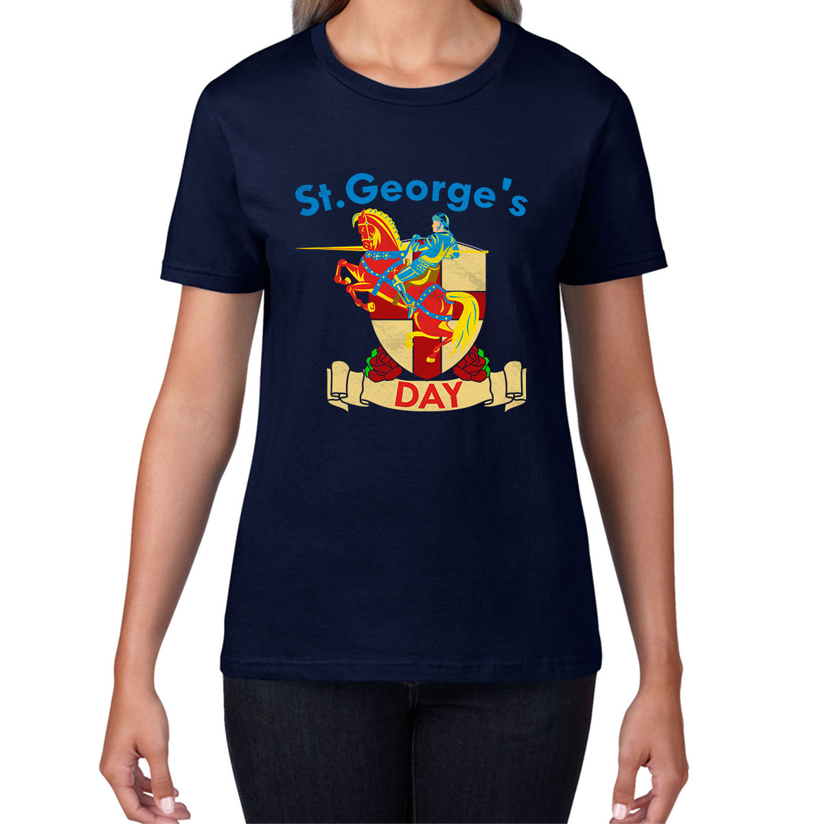 St George's Day England Red Flag Shield Knight Templar Riding His Rearing Horse London Saint George Day Warrior Fighter Patriotic Womens Tee Top