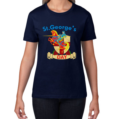 St George's Day England Red Flag Shield Knight Templar Riding His Rearing Horse London Saint George Day Warrior Fighter Patriotic Womens Tee Top