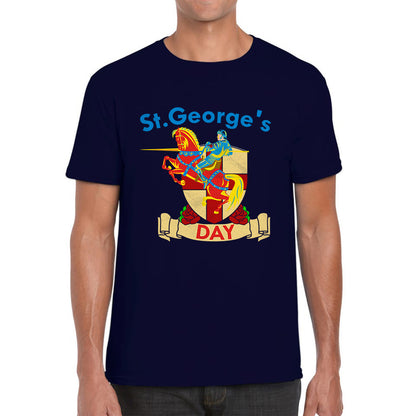 St George's Day England Red Flag Shield Knight Templar Riding His Rearing Horse London Saint George Day Warrior Fighter Patriotic Mens Tee Top