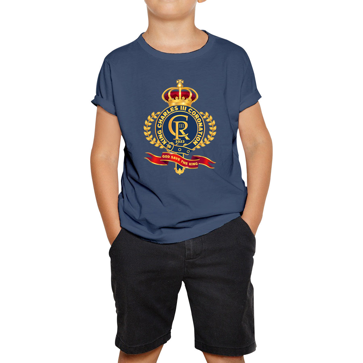 King Charles III Coronation 2023 CR III God Save The King Royal Crown United Kingdom Ruling Monarch Kids T Shirt