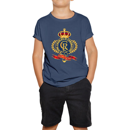 King Charles III Coronation 2023 CR III God Save The King Royal Crown United Kingdom Ruling Monarch Kids T Shirt