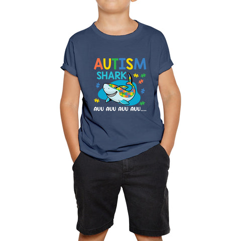 Autism Shark Auu Auu Auu Autism Awareness Month Autistic Support Puzzle Piece Kids T Shirt
