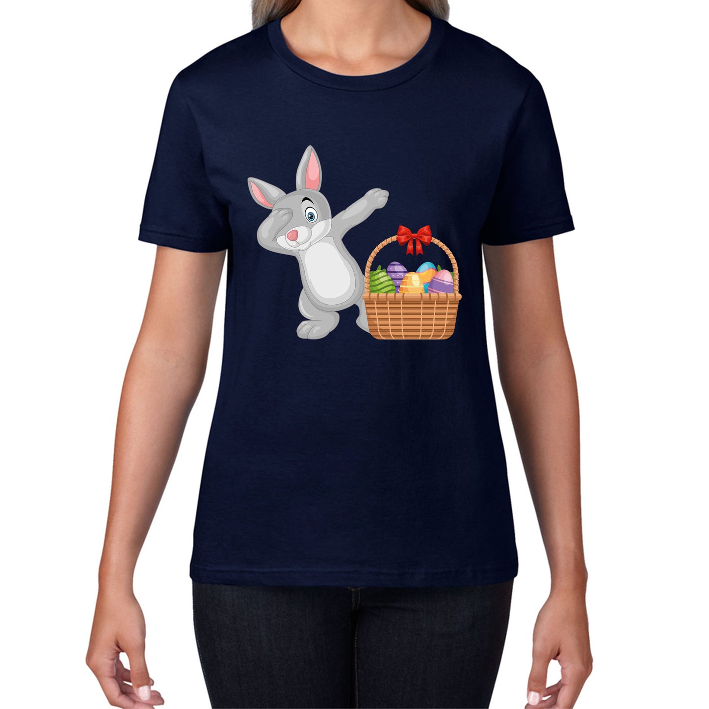 Dabbing Bunny With Eggs Basket Happy Easter Day Cute Rabbit Bunny Easter Day Womens Tee Top