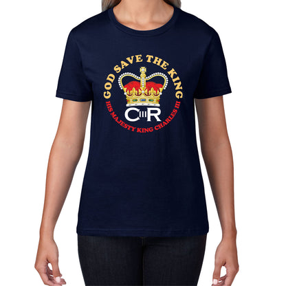 God Save The King CR III King Charles III Coronation 2023 His Majesty British Royal Crown Union Jack Womens Tee Top