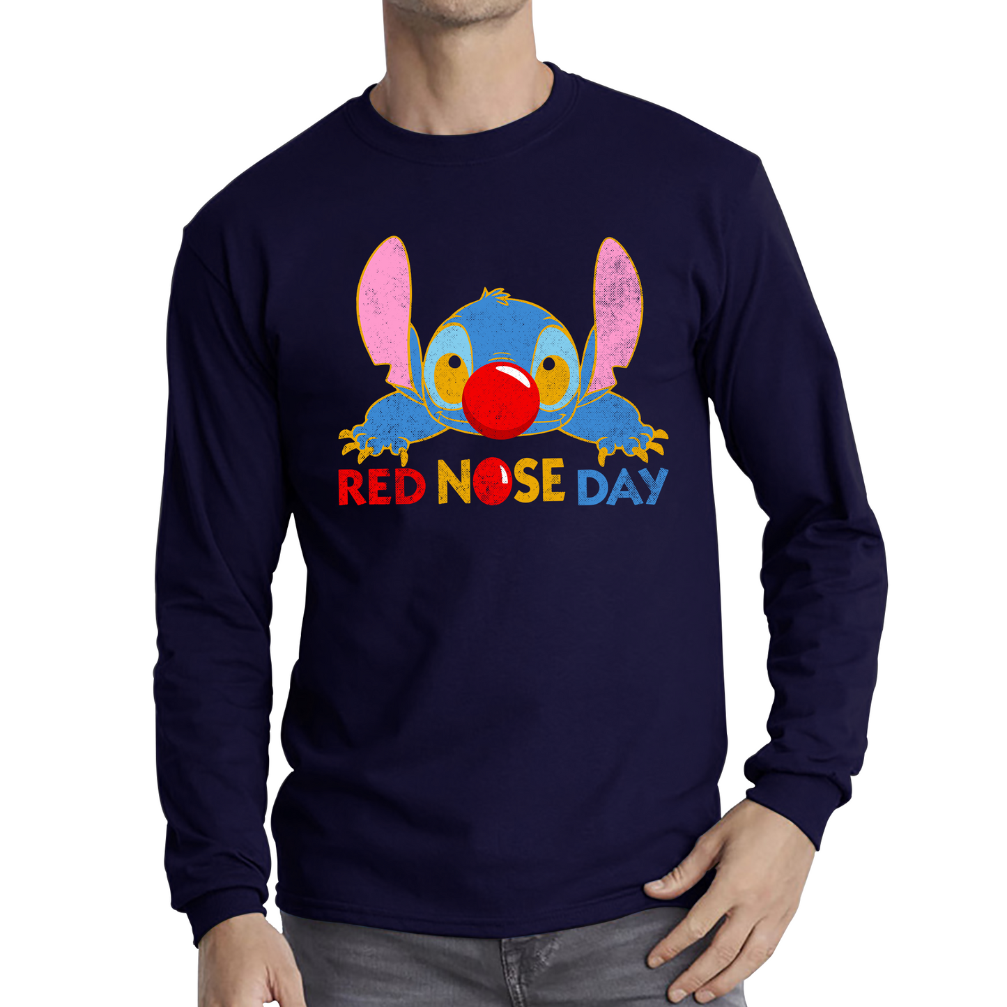 Disney Stitch Red Nose Day Lonsleeve Top Ohana Red Nose Day Funny Long Sleeve T Shirt. 50% Goes To Charity