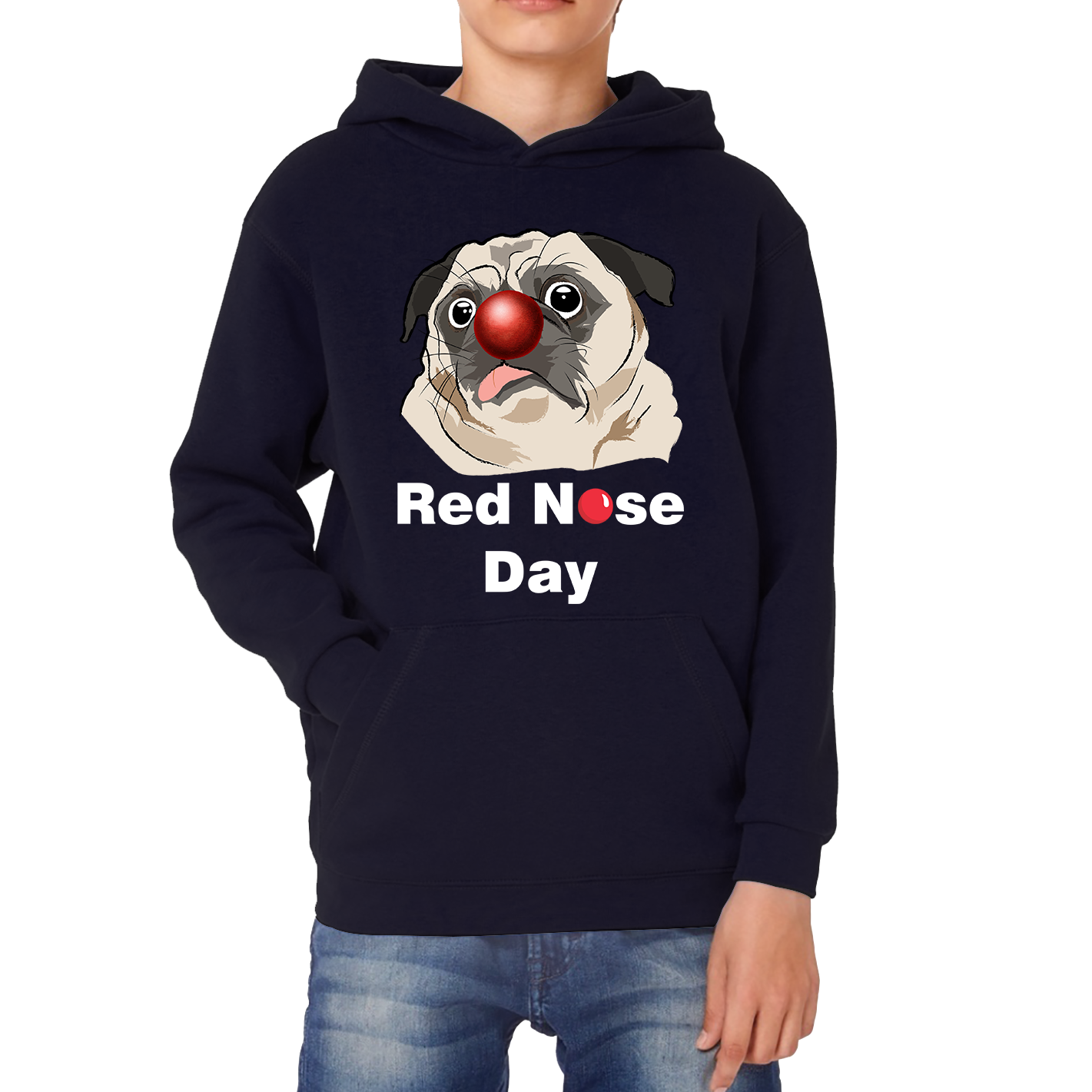 Pug Dog Red Nose Day Kids Hoodie. 50% Goes To Charity