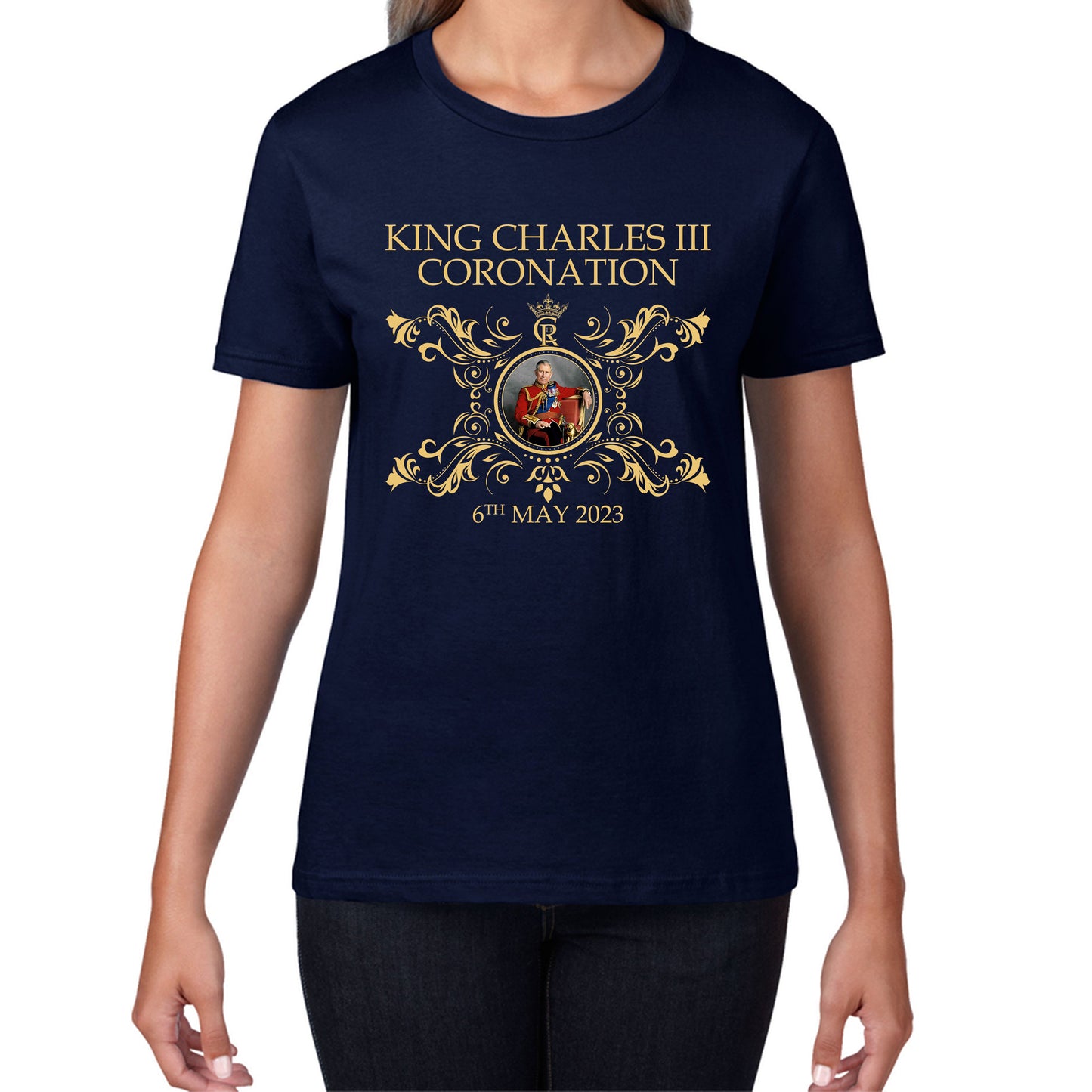 King Charles III Coronation 6th May 2023 Royal Cypher CR III Union Jack Ruling Monarch Of England Womens Tee Top