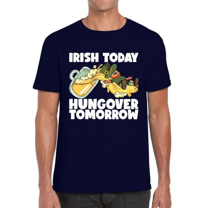 Irish Today Hungover Tomorrow Leprechaun Sliding Down On Beer Into Glass St. Patrick's Day Irish Drinking Mens Tee Top