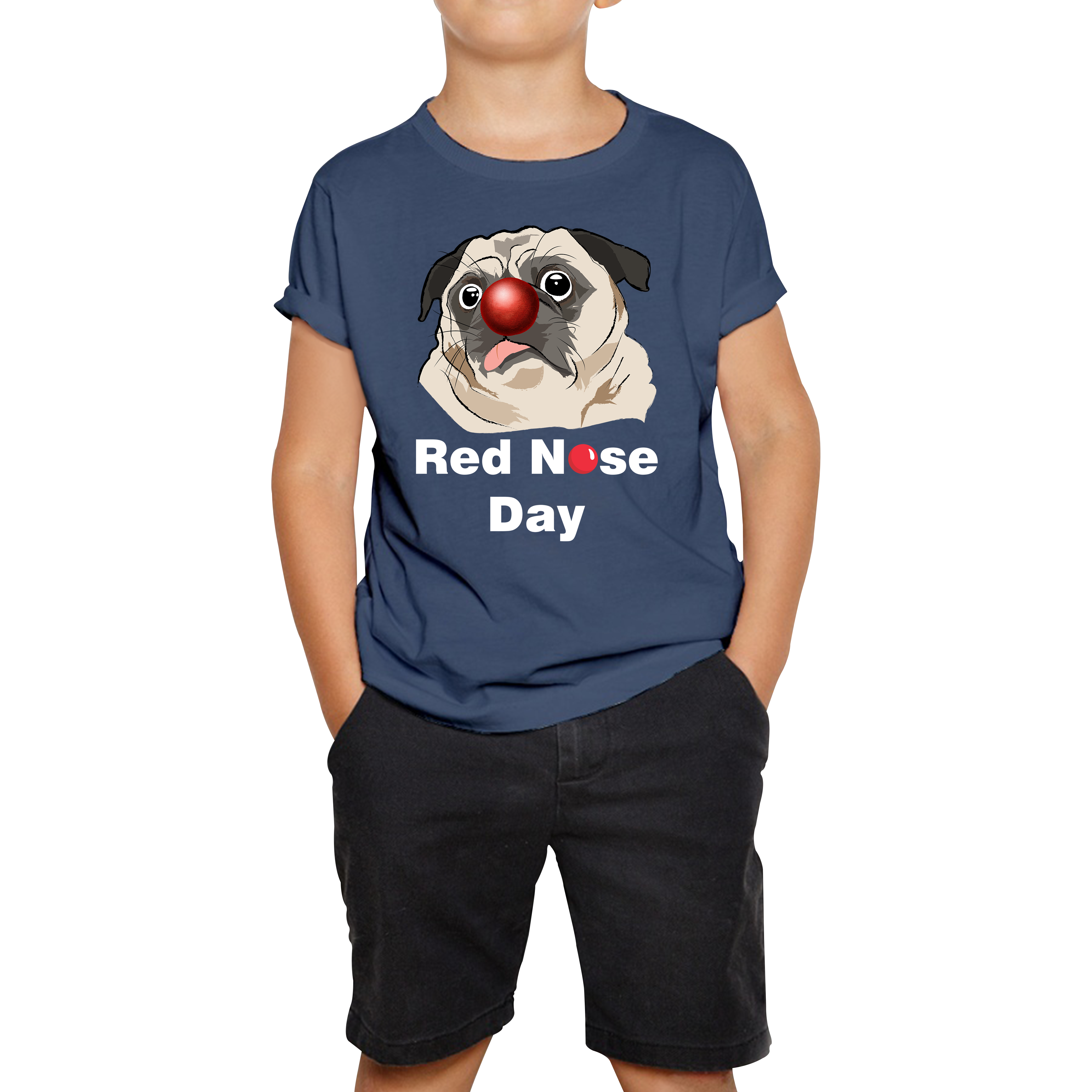 Pug Dog Red Nose Day Kids T Shirt. 50% Goes To Charity