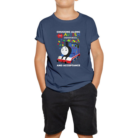 Chugging Along For Autism Awareness And Acceptance Autism Train Puzzle Piece Autism Support Kids T Shirt