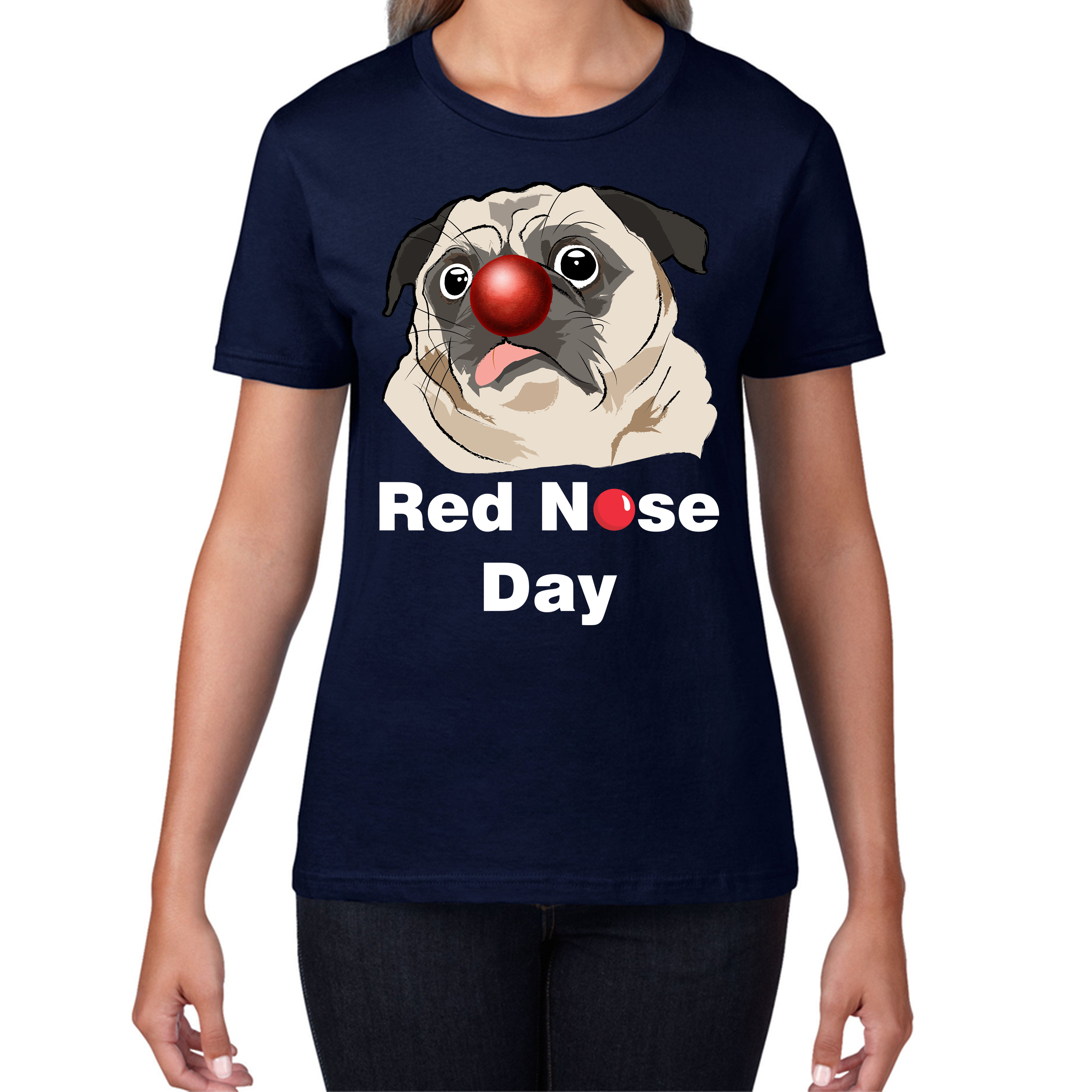 Pug Dog Red Nose Day Ladies T Shirt. 50% Goes To Charity
