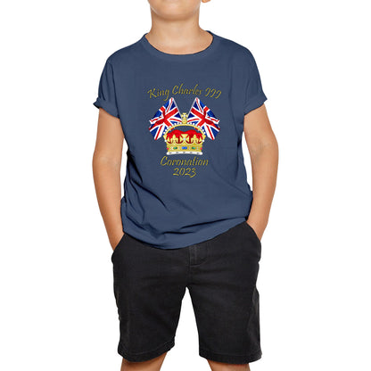 King Charles III Coronation 2023 United Kingdom Flags Royal Crown Ruling Monarch Of England CR III Kids T Shirt