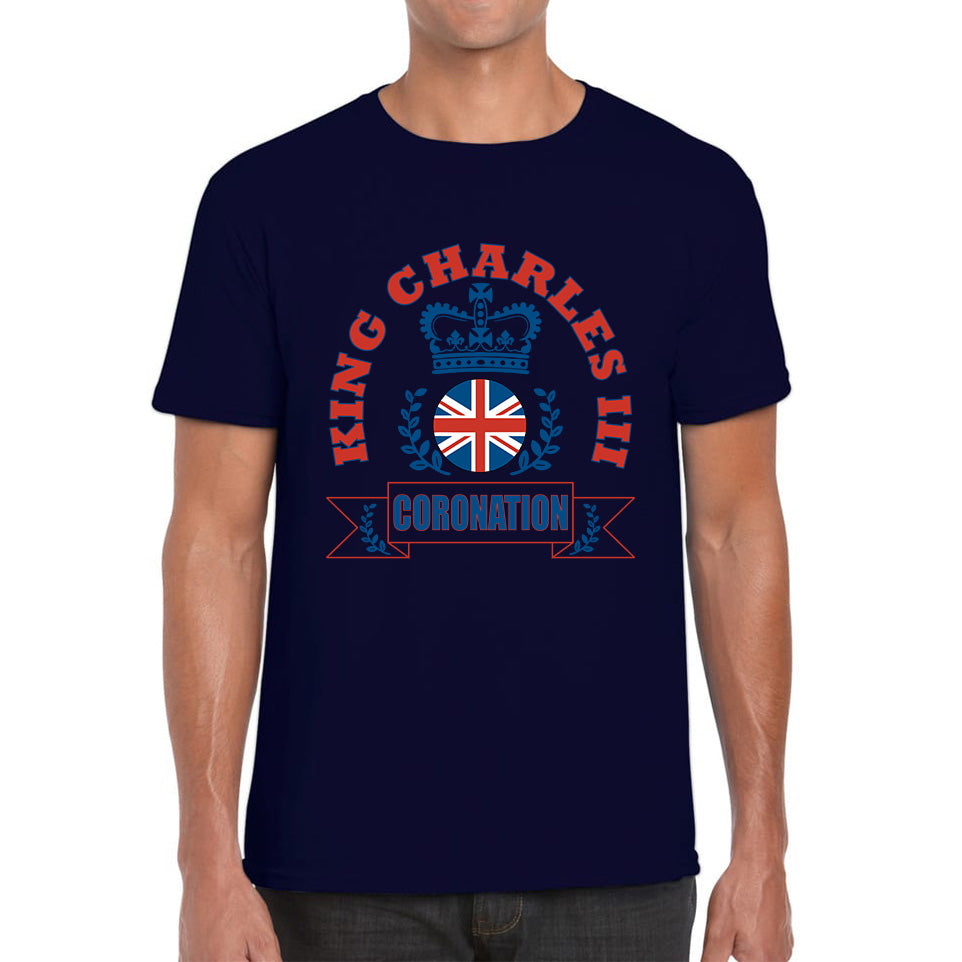 King Charles III 2023 Coronation God Save The King Royal Crown CR III His Majesty Union Jack Uk Flag Mens Tee Top