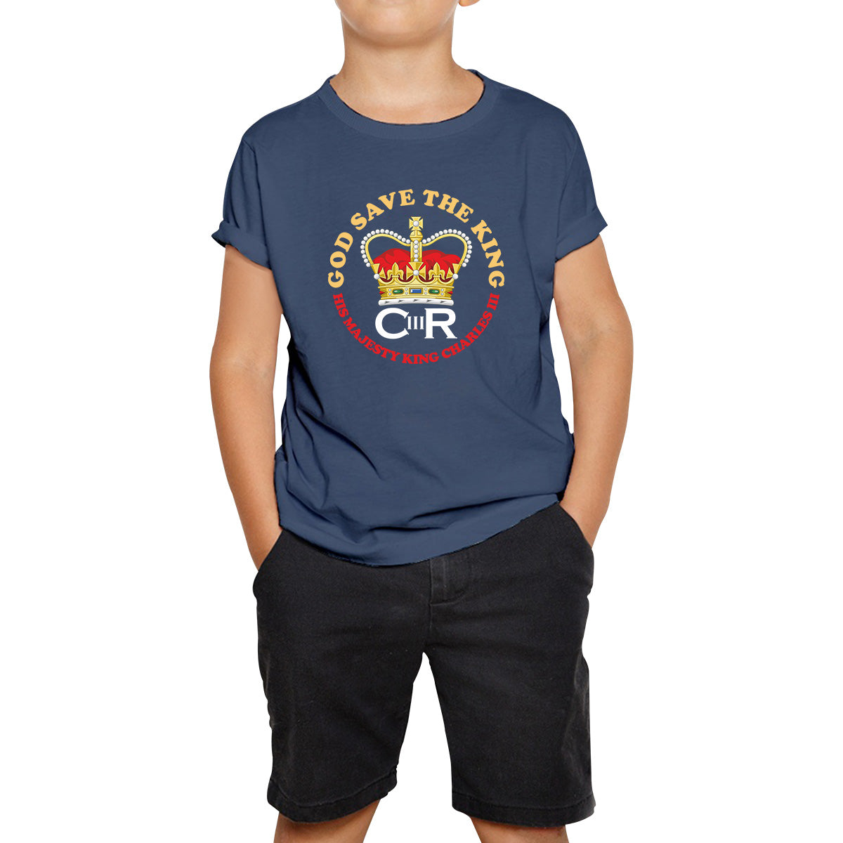 God Save The King CR III King Charles III Coronation 2023 His Majesty British Royal Crown Union Jack Kids T Shirt
