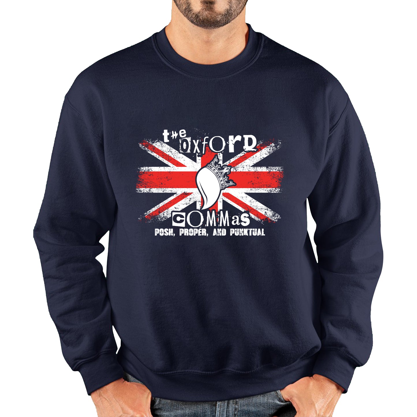 The Oxford Commas Push, Proper and Punktual Funny Grammar UK Flag Unisex Sweatshirt