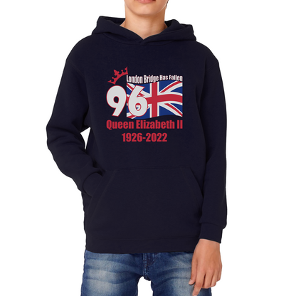 London Bridge Has Fallen 96 Years of Queen Elizabeth II Union Jack British Uk Flag Kids Hoodie