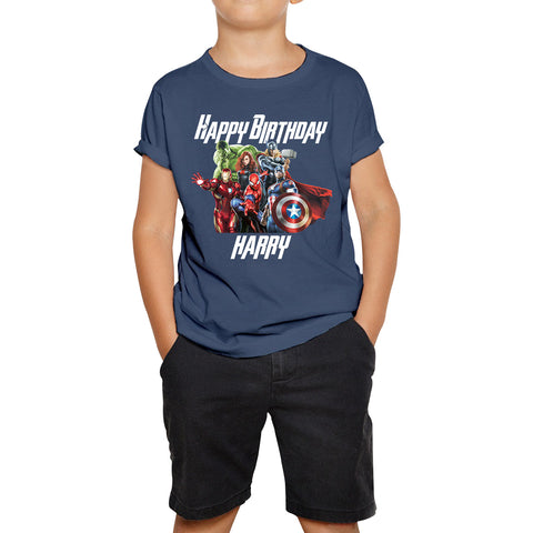 Personalised Happy Birthday Your Name Or Text Marvel Avengers Superheroes Characters Birthday Party Action Adventure Movie Kids T Shirt